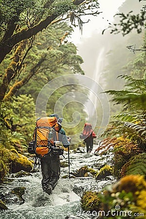 Backpackers exploring remote and untouched natural settings. They walk across the river. Stock Photo