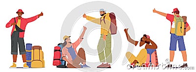 Backpackers Male and Female Characters With Outstretched Thumbs Standing and Sitting Waiting For Ride Isolated on White Vector Illustration