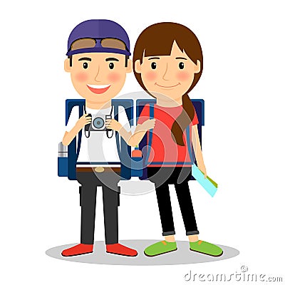 Backpackers young tourist couple Vector Illustration