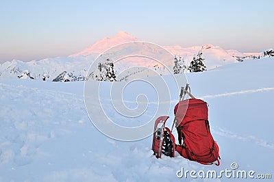 Backpacking and snowshoeing in Mount Baker park Stock Photo