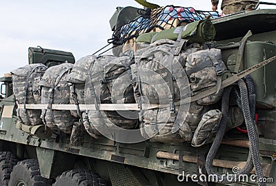 Backpacks on a M1126 ICV from Nato Caravan Editorial Stock Photo