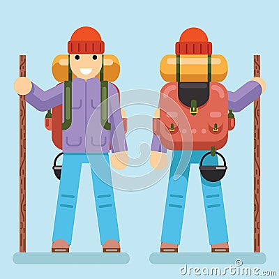 Backpaker Character Mountain Travel Trip Vacation Man Wood Summer Spring Concept Flat Design Isolated Icon Set Vector Vector Illustration