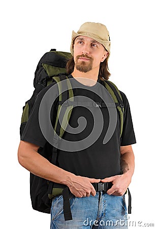 Backpaker over white background Stock Photo