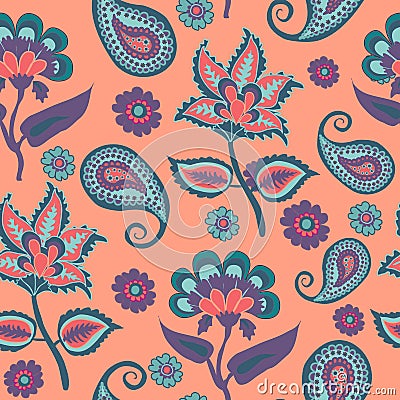 Backround Pasley, Indian Kalamkari, Arabic Repeat Pattern in Living Colar color trend 2019 Stock Photo