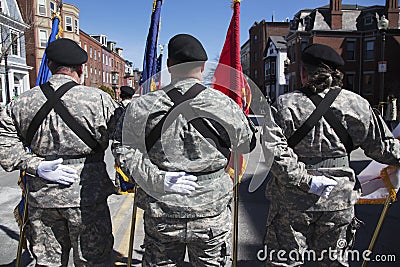 Backs of US Military Honor Guard at ease, St. Patrick's Day Parade, 2014, South Boston, Massachusetts, USA Editorial Stock Photo