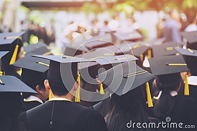 Shot of graduation hats during commencement success graduates of the university, Concept education congratulation. Graduation Cere Stock Photo