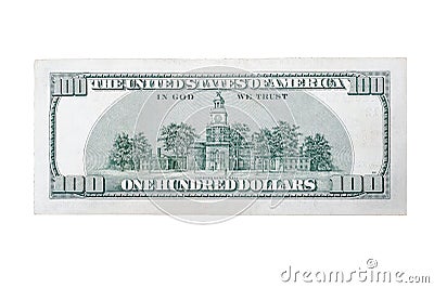 Backside of usa banknote 100 american dollars on isolated white background Stock Photo