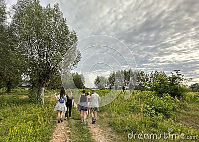 Happy group of friends on a hiking trip in Mazowsze in Poland Stock Photo