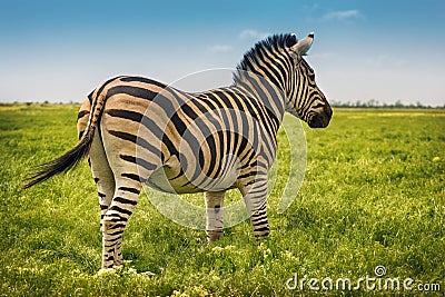 Backside view single zebra in wild steppe Stock Photo