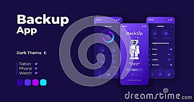 Backup application cartoon smartphone interface vector templates set. Mobile app screen page night mode design. Cloud Vector Illustration