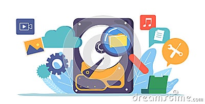 Backup and Data Recovery Modern Technologies Concept. Computer Hard Disk, Cloud Storage, Media Files and Instruments Vector Illustration