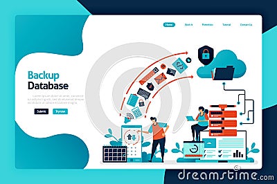 Backup database landing page design. secure personal data with internet backup services to cloud and server. data center and netwo Vector Illustration