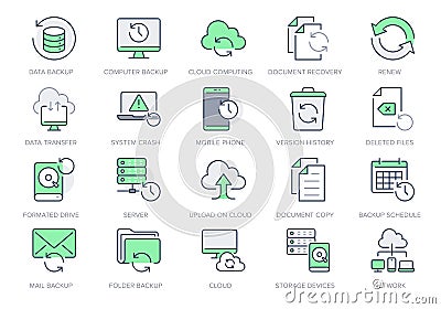 Backup line icons. Vector illustration with minimal icon - recovery data, laptop, system crash repair, database, cloud Vector Illustration