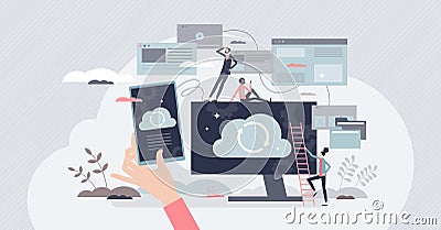 Backup system with cloud data storage for safe recovery tiny person concept Vector Illustration