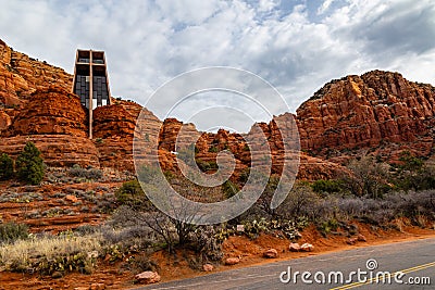 Chapel of the Holy Cross Sedona AZ wideangle view from the back road. Stock Photo