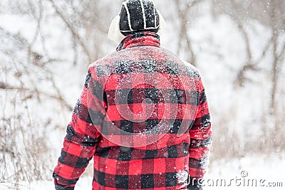 Backview of man in red buffalo check jacket in the snow Stock Photo