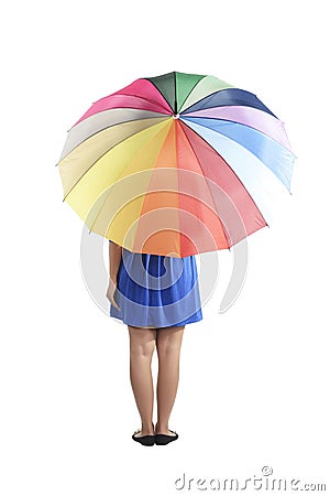 Backview Of Woman Holding Colorful Umbrella Stock Photo