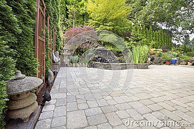 Backyard Asian Inspired Paver Patio Garden Stock Photo