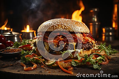 Backyard BBQ vibes, juicy burger grilled to perfection, adorned with flames Stock Photo