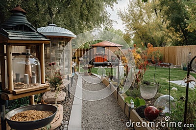 backyard with bird feeders, hummingbird and songbird feeder visible Stock Photo