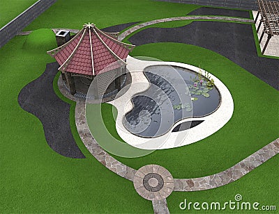 Backyard design ideas aerial, 3d render Stock Photo