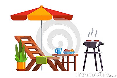 Backyard design with lounger and grill for bbq Vector Illustration