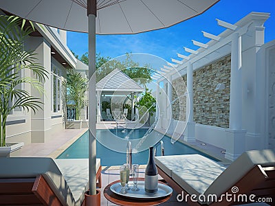backyard with entertaining area and pool,3d Stock Photo