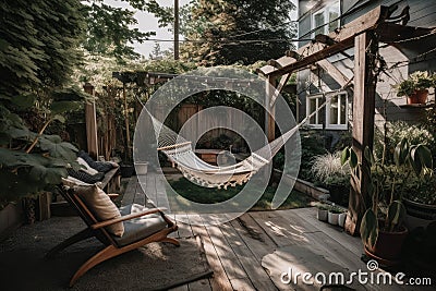 backyard escape with hammock and deck chairs for reading and relaxing Stock Photo