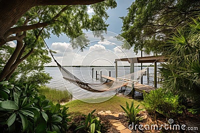 backyard escape with hammock, shade, and views of water for ultimate relaxation Stock Photo