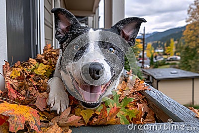 In a backyard filled with vibrant autumn leaves, a dog enjoys a playful moment, embodying the joy of pets, Generated AI Stock Photo