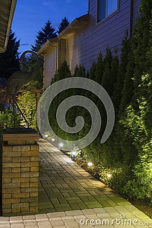 Backyard Garden Path at Night Stock Photo