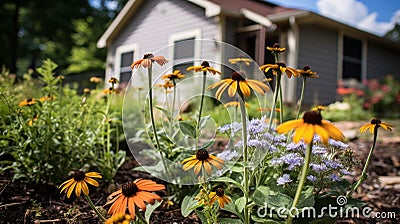 Backyard Garden with Pollinator-Friendly Plantings. A residential backyard garden blooms with pollinator-friendly plants Stock Photo