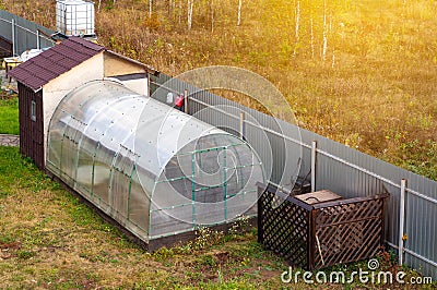 backyard greenhouse beside the fence and sunlit autumn little trees Stock Photo