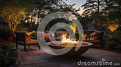 A Backyard Oasis Centered Around a Unique Fire pit. Generative AI Stock Photo