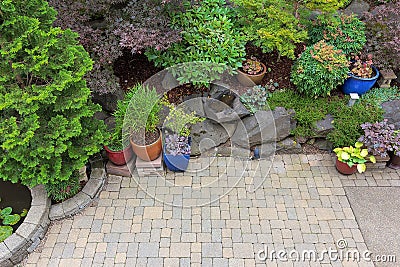 Backyard Paver Patio Landscaping Overview Stock Photo