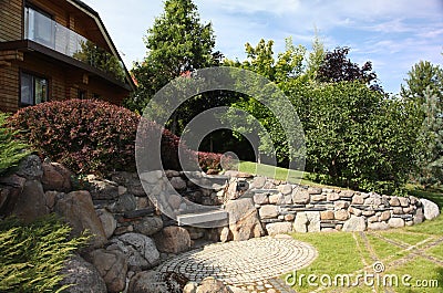 Backyard Paver Patio with Pond in Garden. Backyard Paver Patio Landscaping Overview. Stock Photo