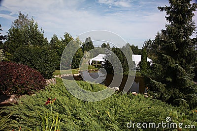 Backyard Paver Patio with Pond in Garden. Backyard Paver Patio Landscaping Overview. Stock Photo