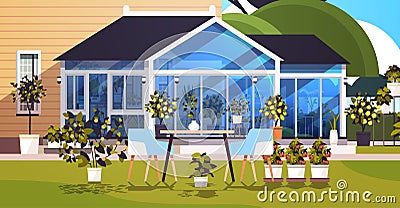 backyard planting greenhouse glass orangery botanical garden with flowers and potted plants Vector Illustration