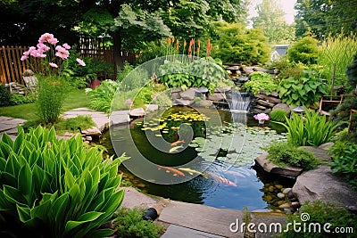 backyard pond with koi and water lilies Stock Photo