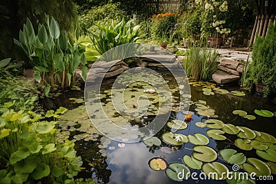 backyard pond with waterlilies, frogs, and dragonflies Stock Photo