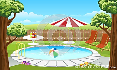 Backyard pool with fence and parasol Vector Illustration