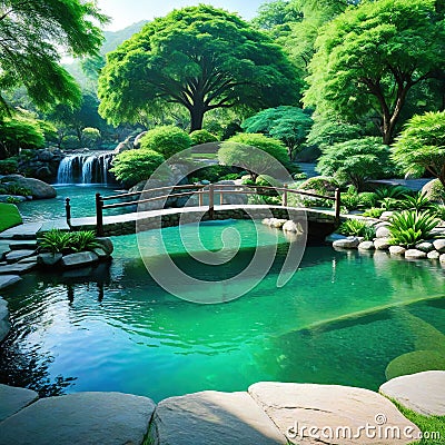 Backyard pool oasis featuring lush a and a creating a serene and refreshing escape from the summer heat Cartoon Illustration