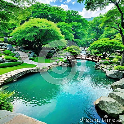 Backyard pool oasis featuring lush a and a creating a serene and refreshing escape from the summer heat Cartoon Illustration