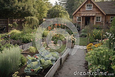 backyard with vegetable patch, flower beds, and chickens in yard Stock Photo