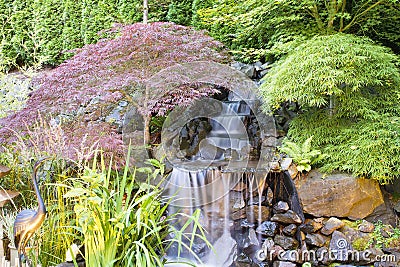 Backyard Waterfall with Trees Stock Photo