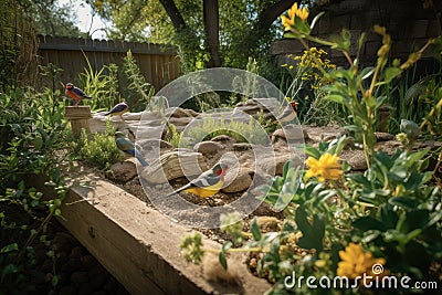 backyard wildlife paradise with diverse species of birds, insects, and reptiles Stock Photo