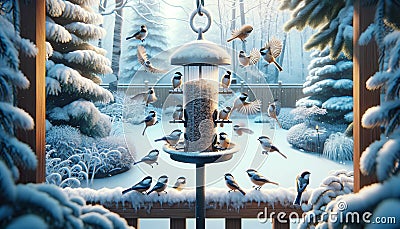 Backyard Winter Birds Feeder Birdfeeder Snow AI Generated Stock Photo