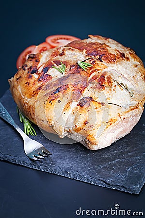 Bacon block boiled in low temperaturee, followed by roasting (Sous-vide) Stock Photo