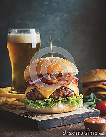 Bacon cheeseburger with red onion topping and lettuce salad Stock Photo