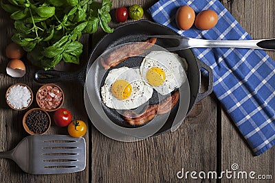 Bacon and Eggs Iron Skillet Stock Photo